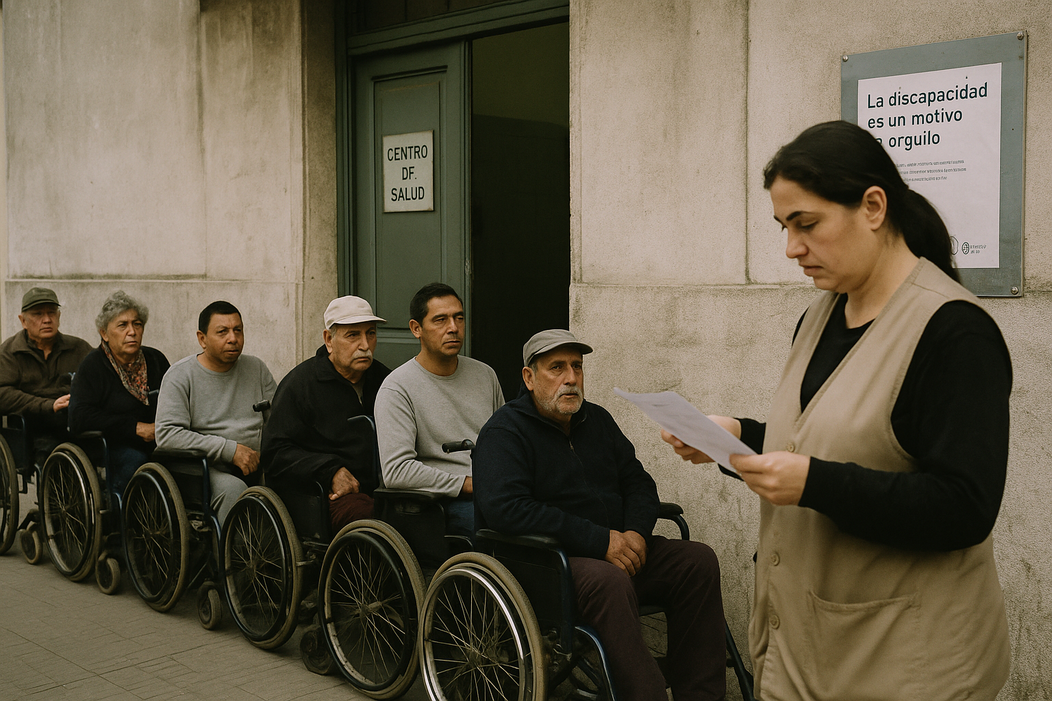 Fila de usuarios en silla de ruedas esperando atención en una clínica pública de Buenos Aires