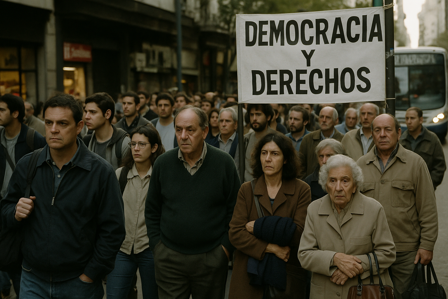 Calle de Buenos Aires con gente esperando el colectivo y un cartel de democracia