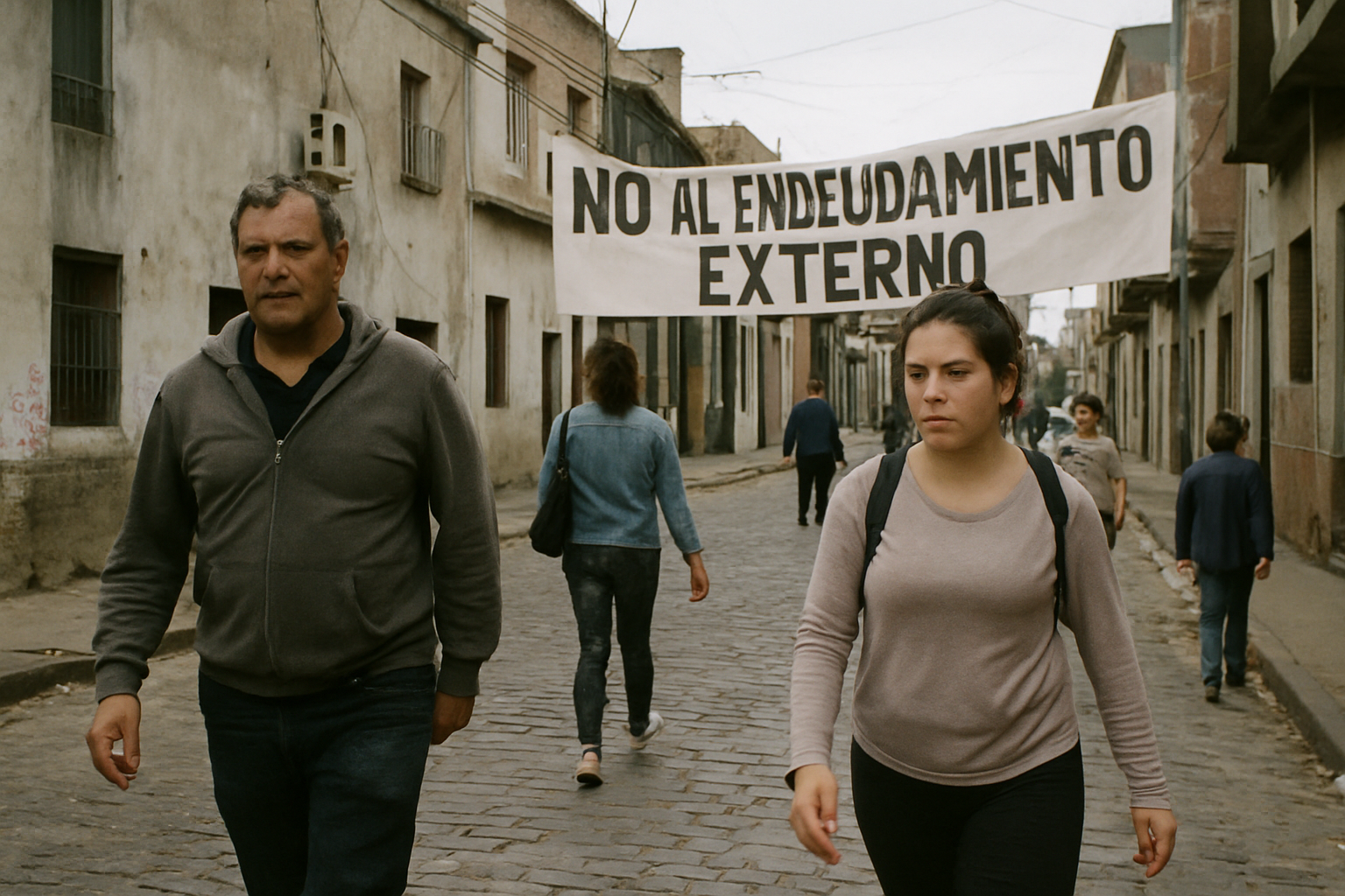 Gente caminando en una calle empedrada con un cartel de protesta