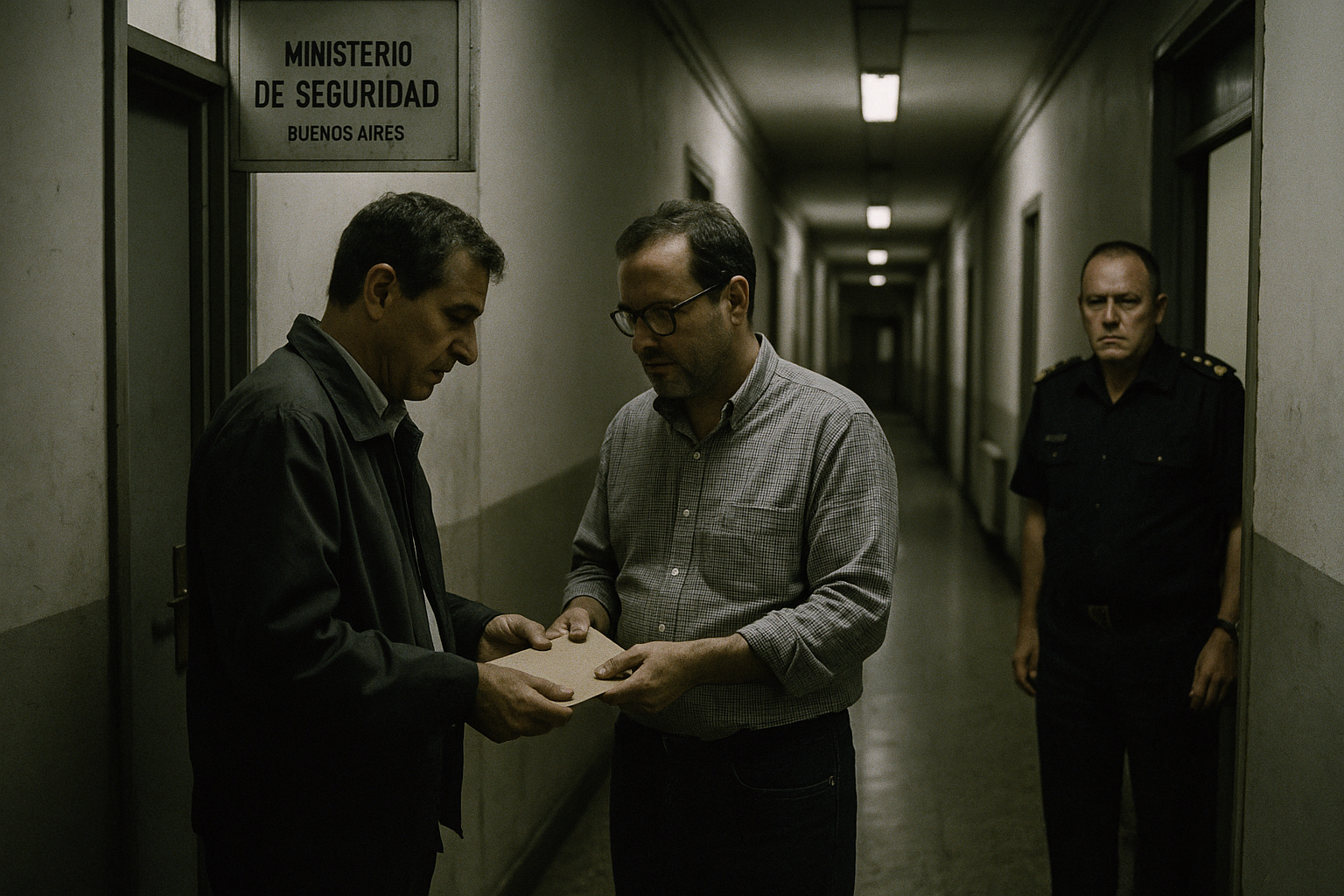 Dos empleados del Ministerio de Seguridad intercambian un sobre bajo la mirada de un oficial