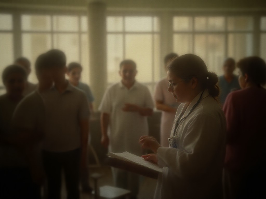 Pacientes de distintas edades esperan en una clínica pública mientras una enfermera revisa sus datos