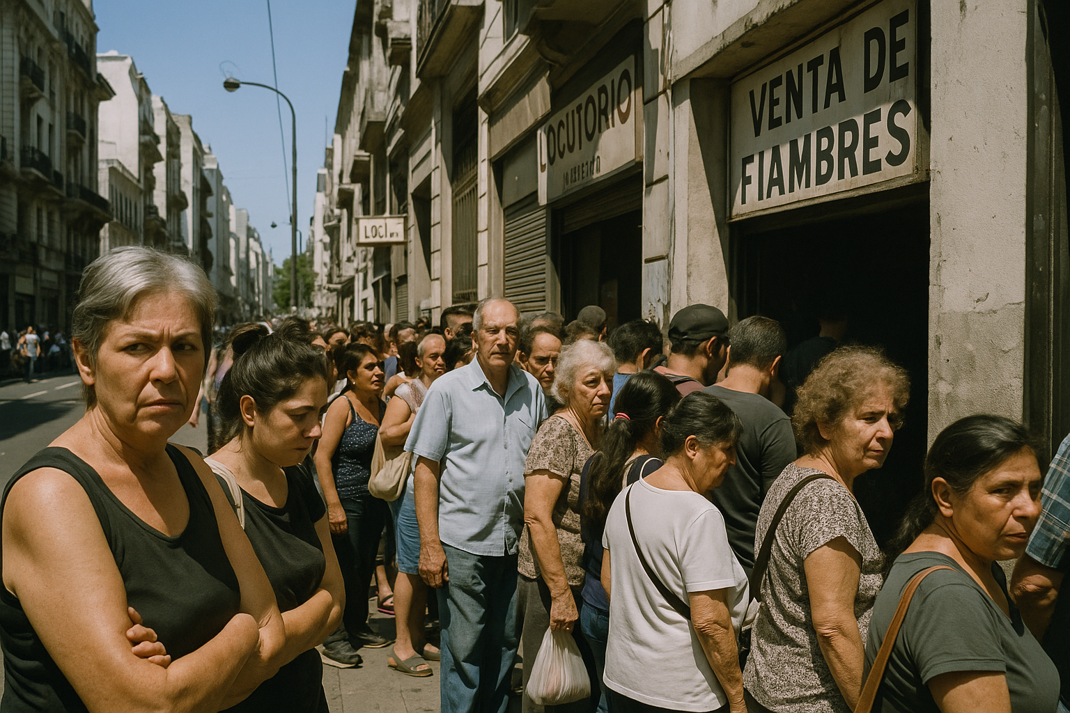 Personas esperando en fila para comprar comida en una calle de Buenos Aires