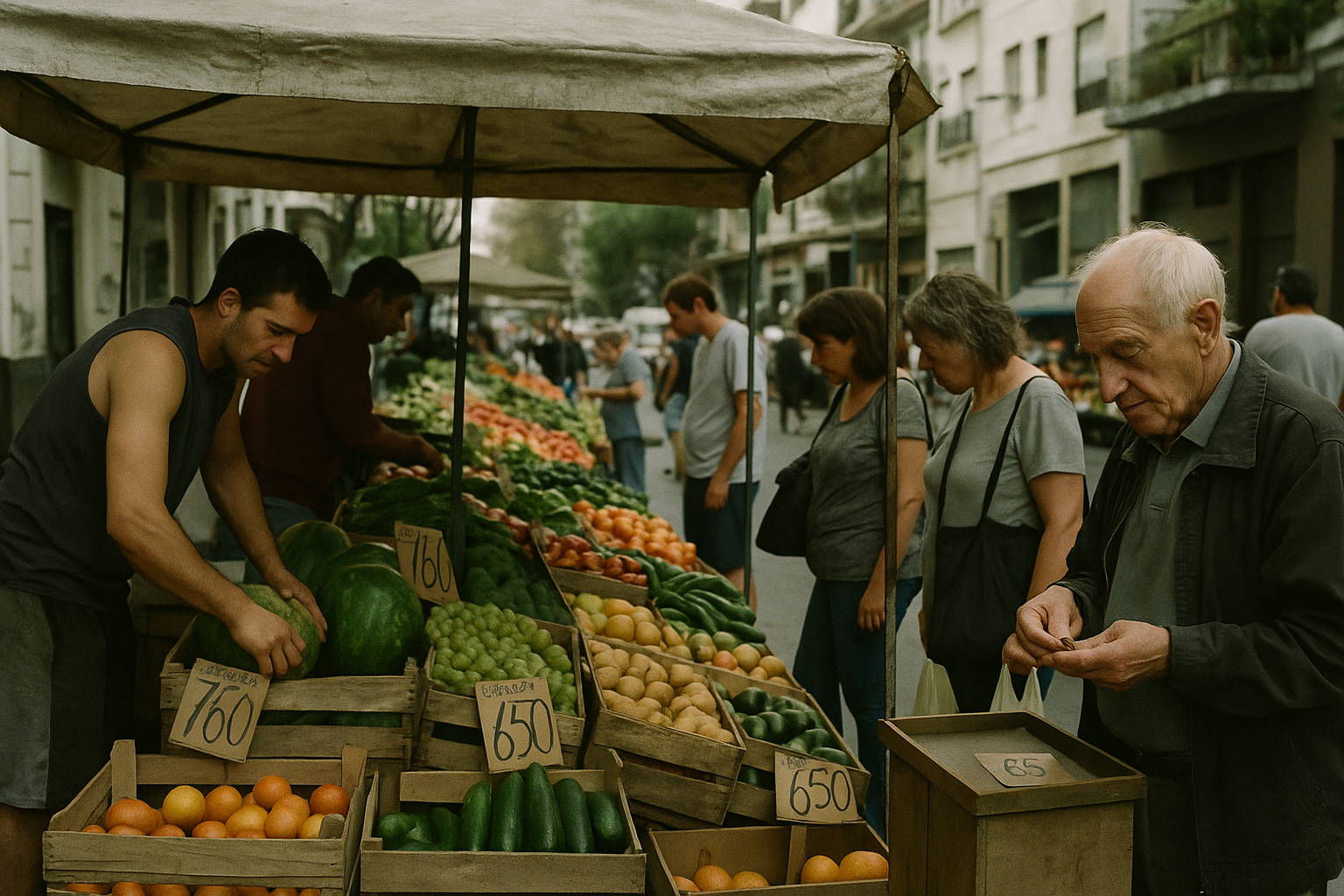 Vendedores y compradores en un mercado porteño analizando precios bajo la sombra de sus puestos
