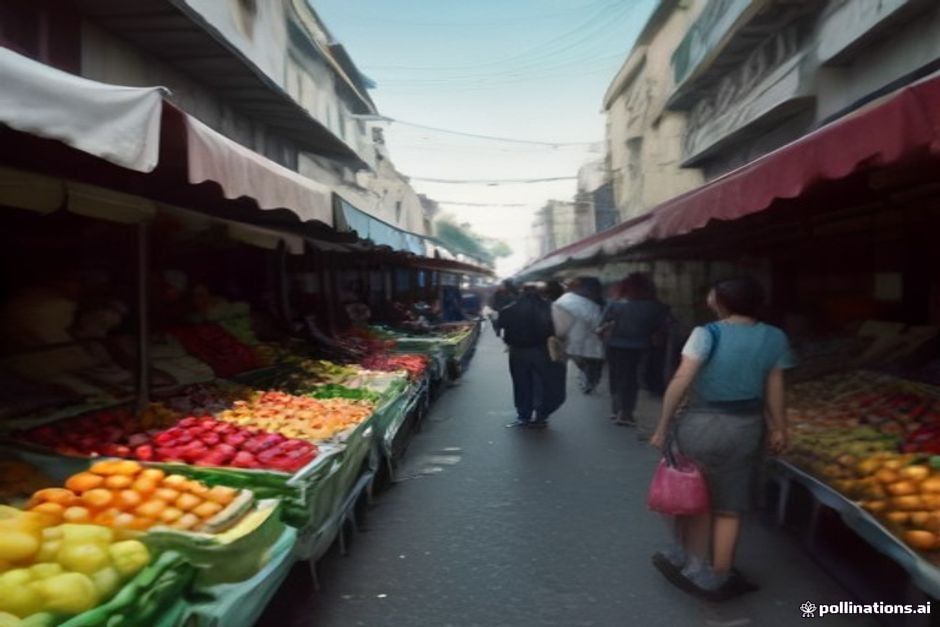 Mercado popular en Buenos Aires con vendedores y compradores bajo toldos