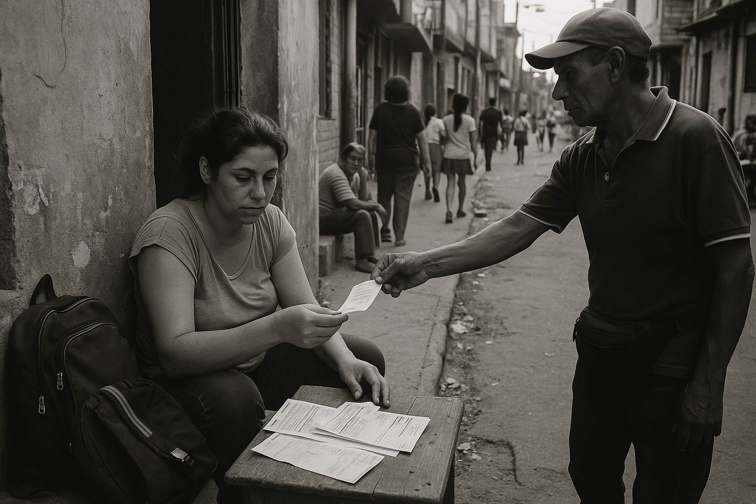 Madre revisa facturas y recibo de préstamo en una calle de Buenos Aires