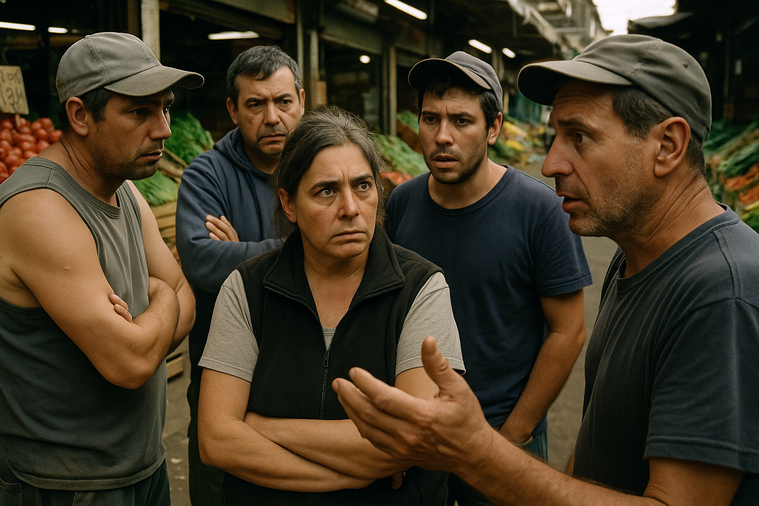 Trabajadores en un mercado discuten sobre el costo de vida en Buenos Aires.