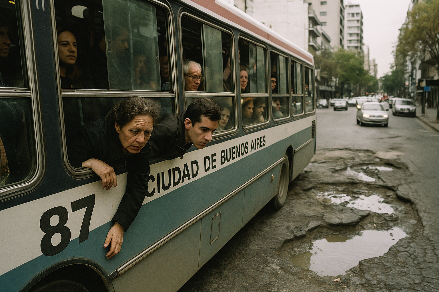 Un autobús lleno de personas en una calle concurrida de Buenos Aires