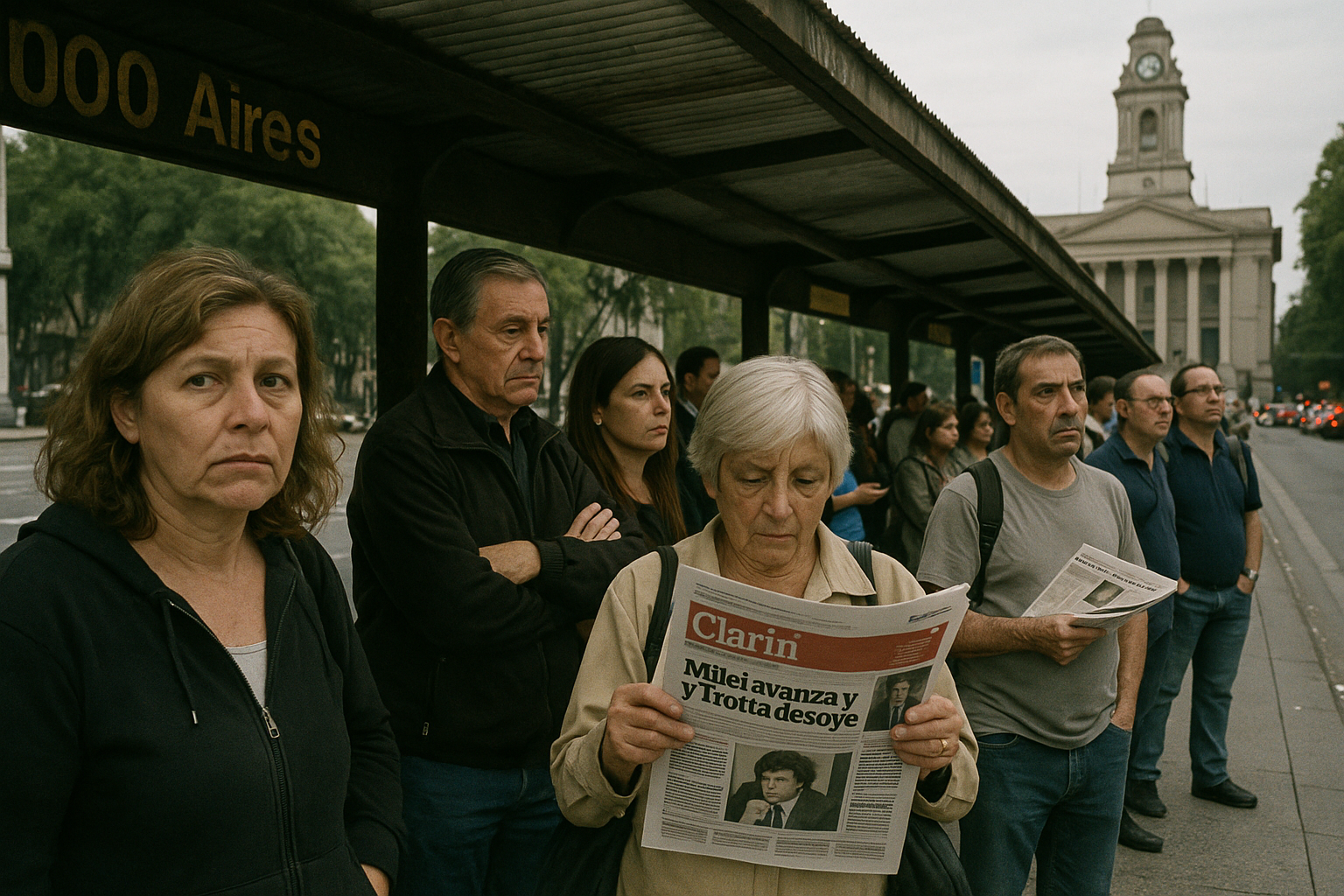 Commuters en un colectivo de Buenos Aires bajo una marquesina, mirando periódicos con titulares políticos