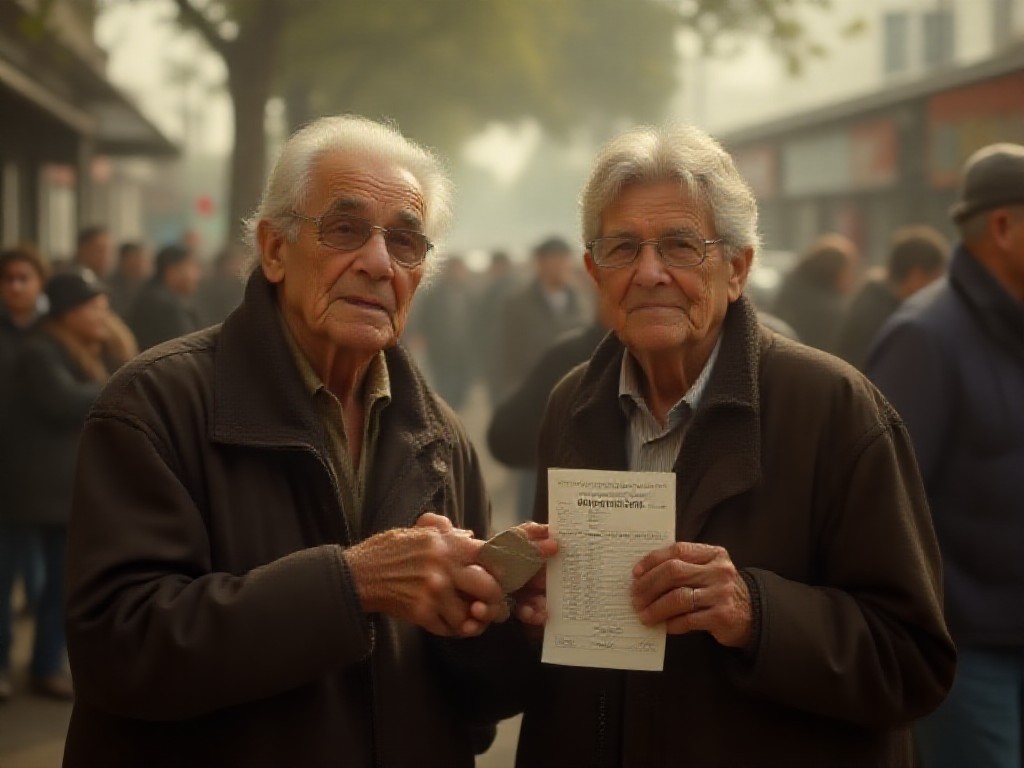 Pareja de jubilados revisa su recibo de pago de pensión en una parada de colectivo