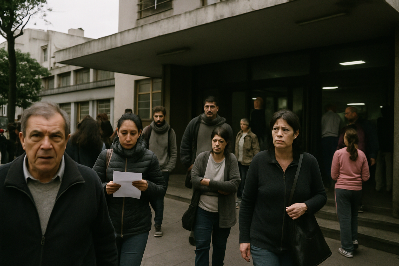 Gente caminando en una calle de Buenos Aires con un hospital al fondo