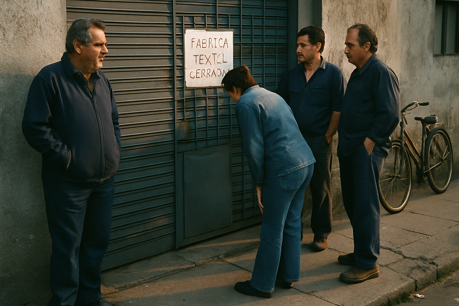 Trabajadores frente a una fábrica cerrada en Buenos Aires bajo luz de tarde