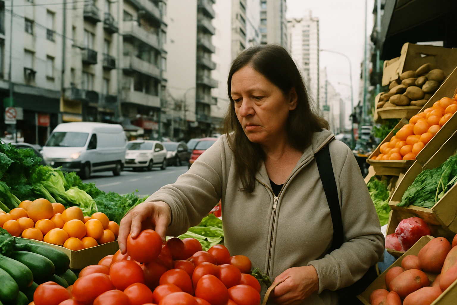 Mujer comprando frutas y verduras en un mercado