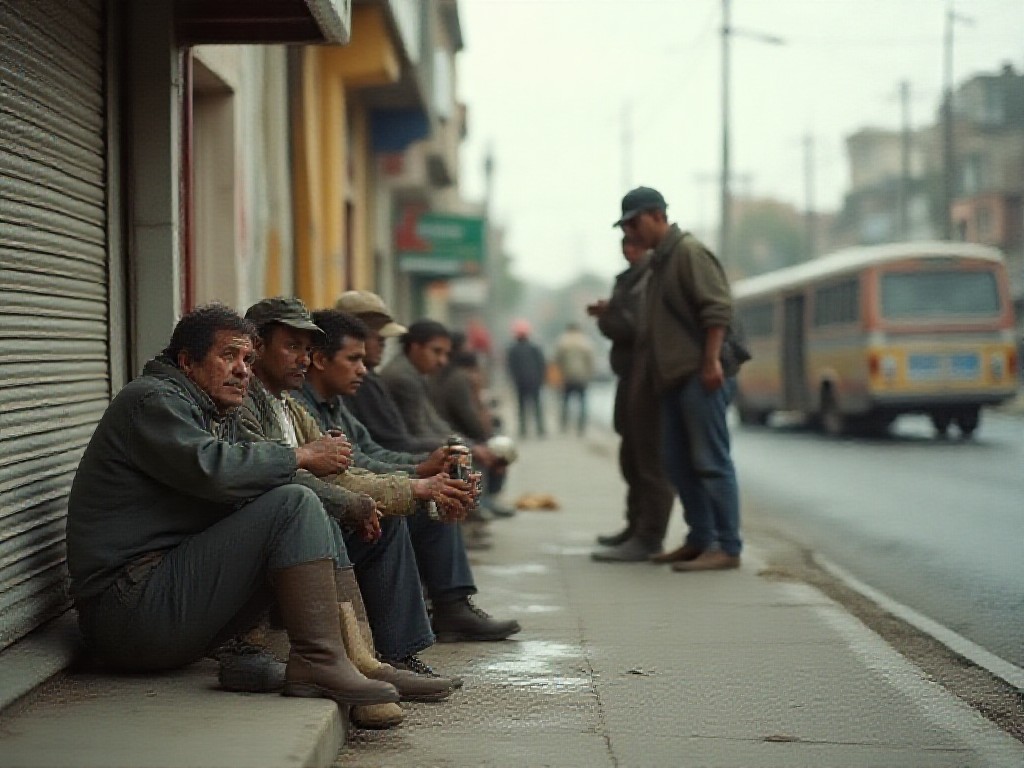 Trabajadores de la construcción esperan al amanecer en una vereda del conurbano bonaerense.