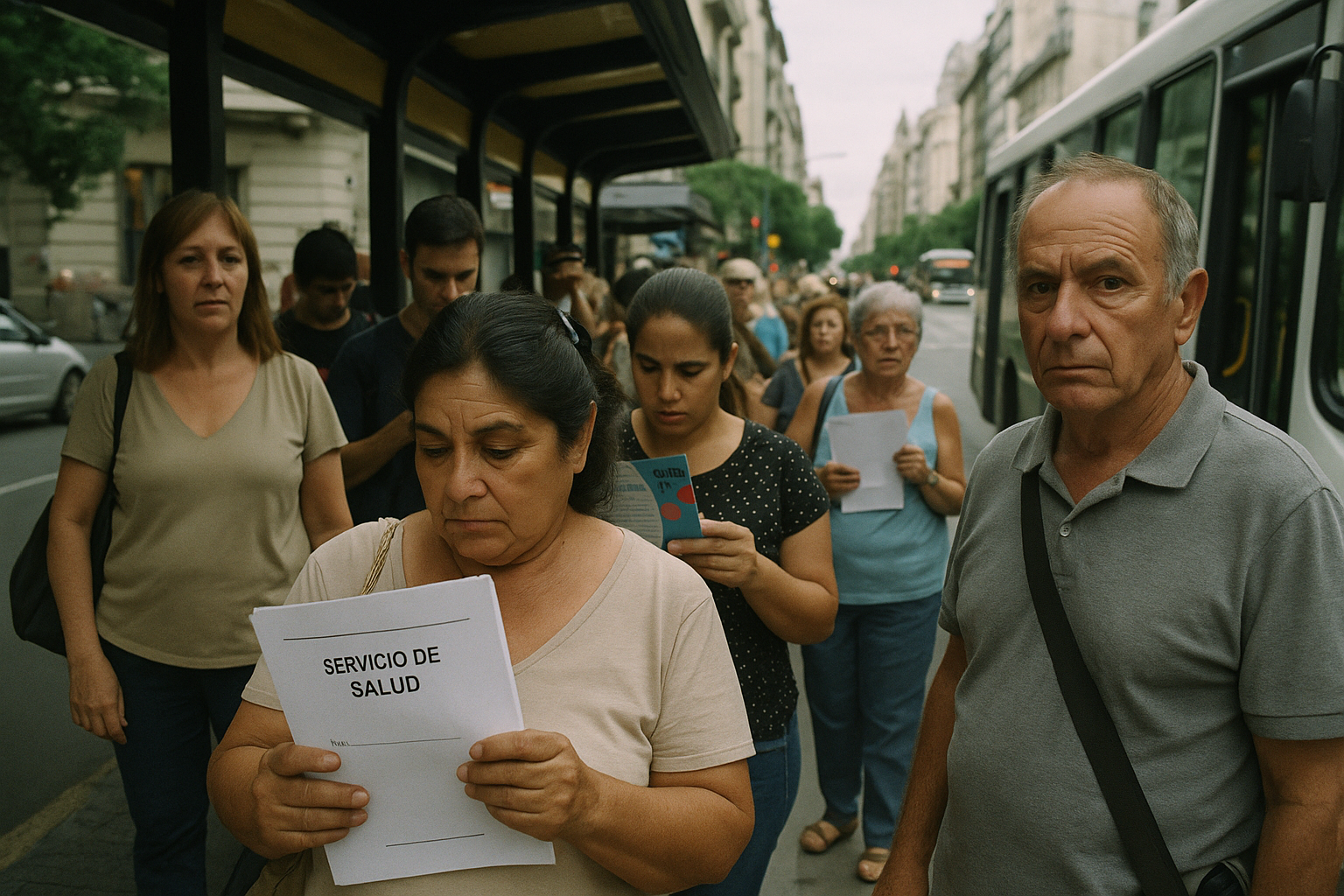 Gente en una parada de colectivo revisando documentos de salud en Buenos Aires.