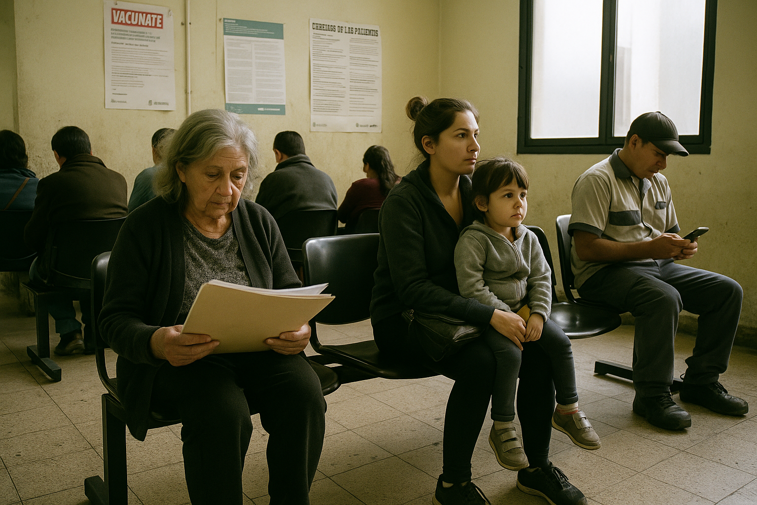 Sala de espera de un hospital público con pacientes sentados aguardando ser atendidos por la mañana
