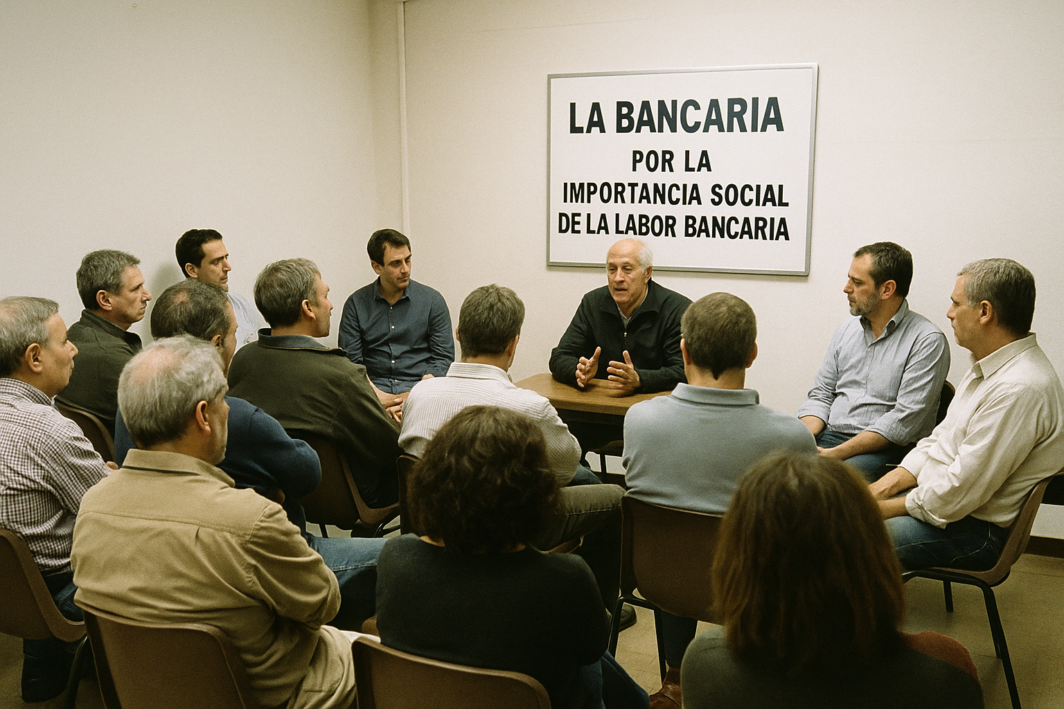 Un grupo de trabajadores del sector bancario reunidos en una sala de reuniones