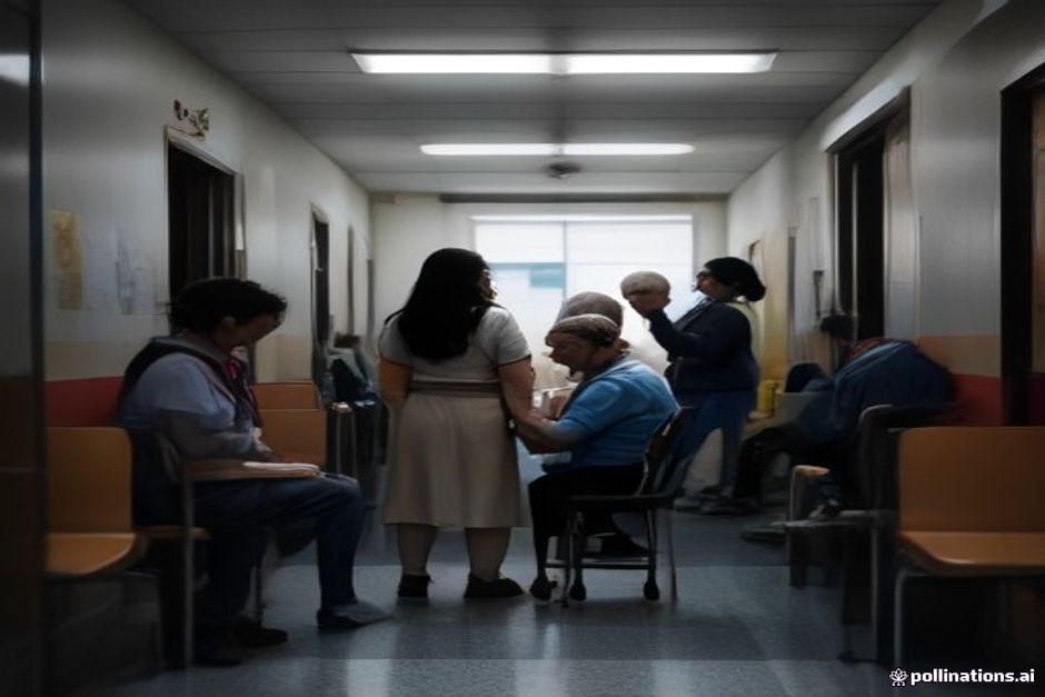 Sala de espera de un hospital público con pacientes de distintas edades y un trabajador de salud revisando la lista