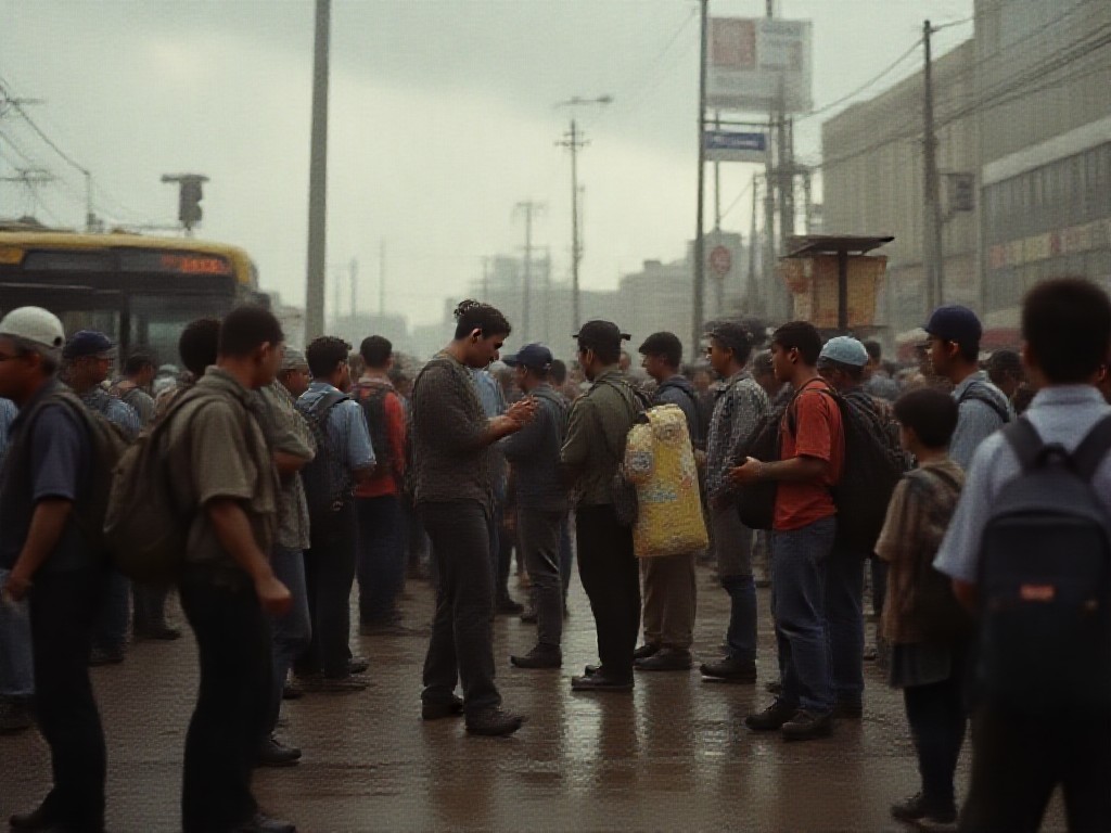 Trabajadores y estudiantes esperando el colectivo en una parada de Buenos Aires, con un vendedor de mate al fondo