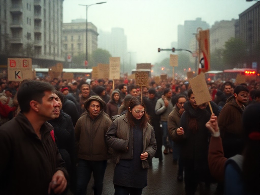Trabajadores estatales y docentes con banderas gremiales concentrados en una avenida porteña bajo cielo nublado.