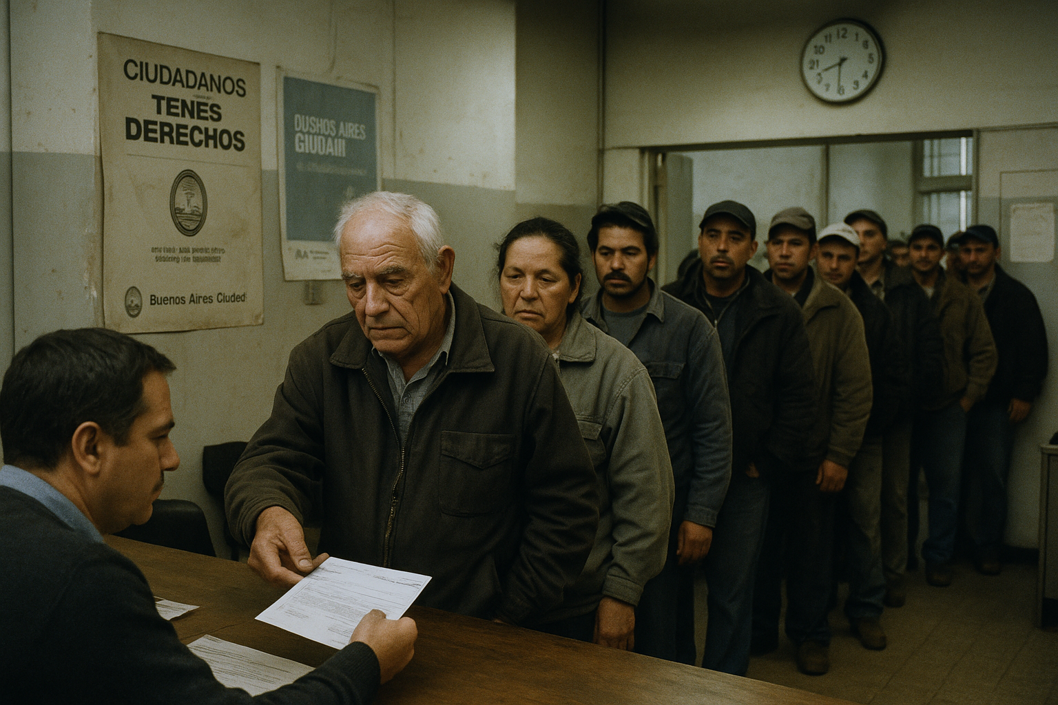 Trabajador recibe su comprobante del salario mínimo en una oficina social de Buenos Aires