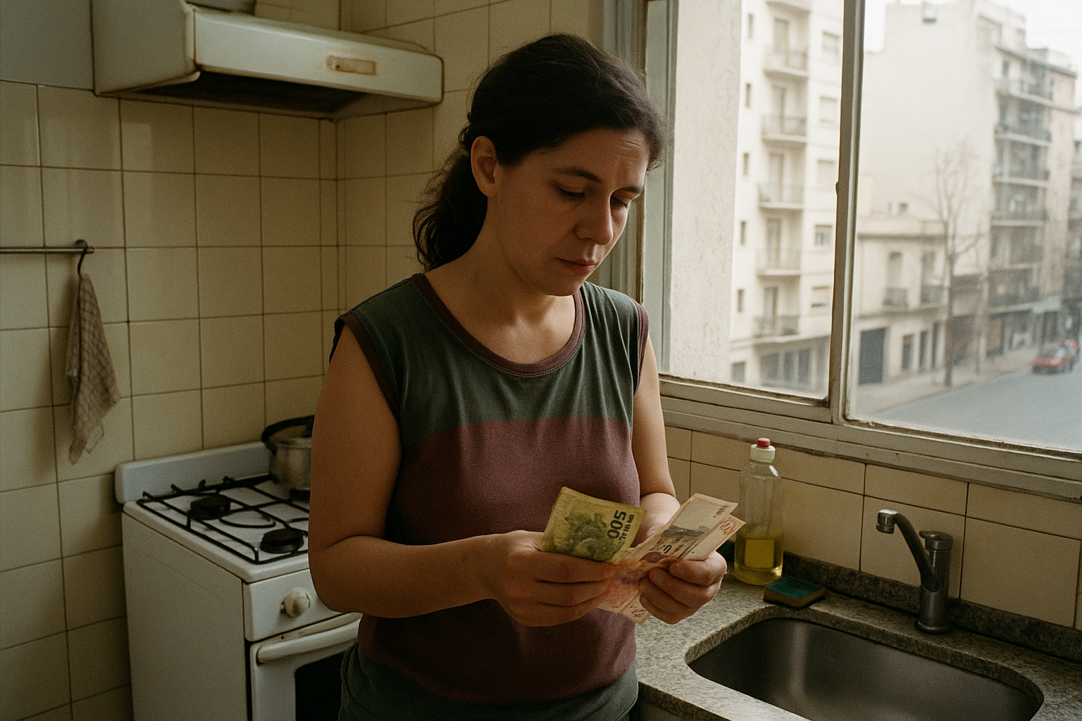 Mujer contando pesos argentinos en una cocina pequeña