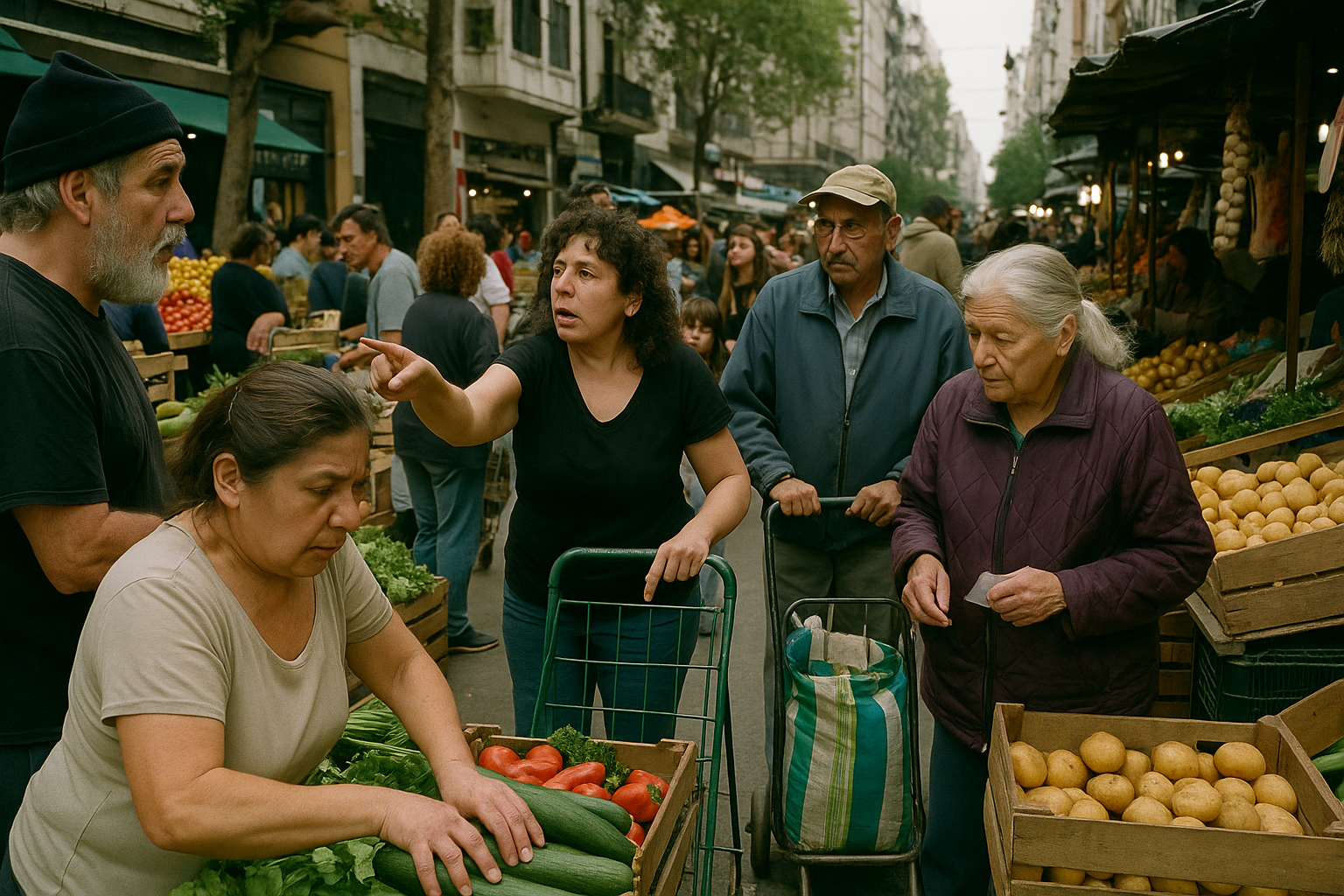 Gente comprando en un mercado callejero de Buenos Aires, rodeados de frutas y verduras frescas.