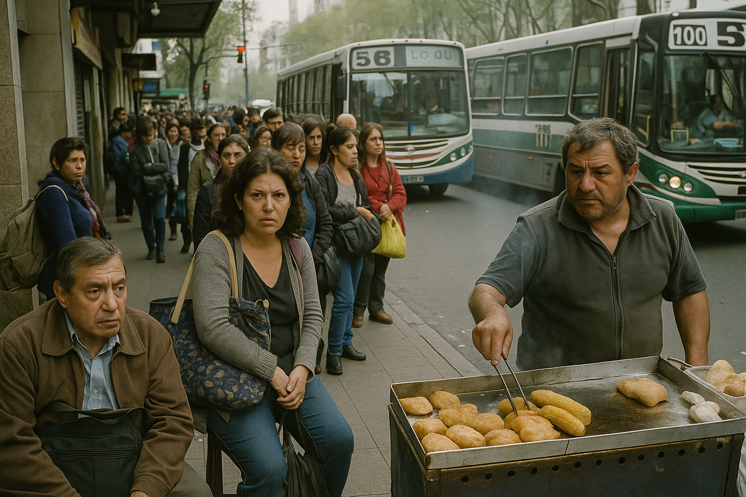 Personas en una calle de Buenos Aires esperando el colectivo mientras otros venden comida.