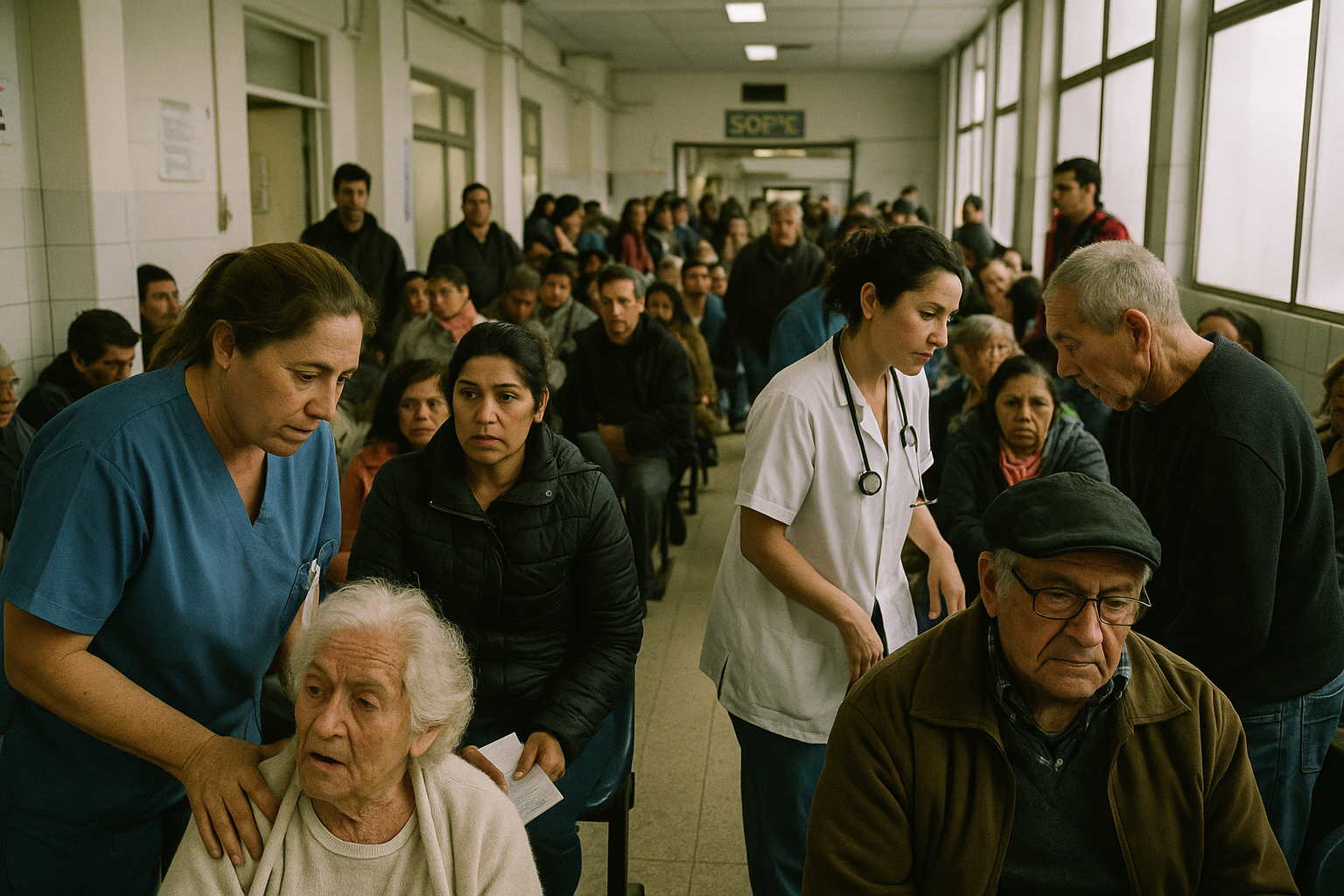 Sala de espera en un hospital público de Buenos Aires con pacientes y médicos.