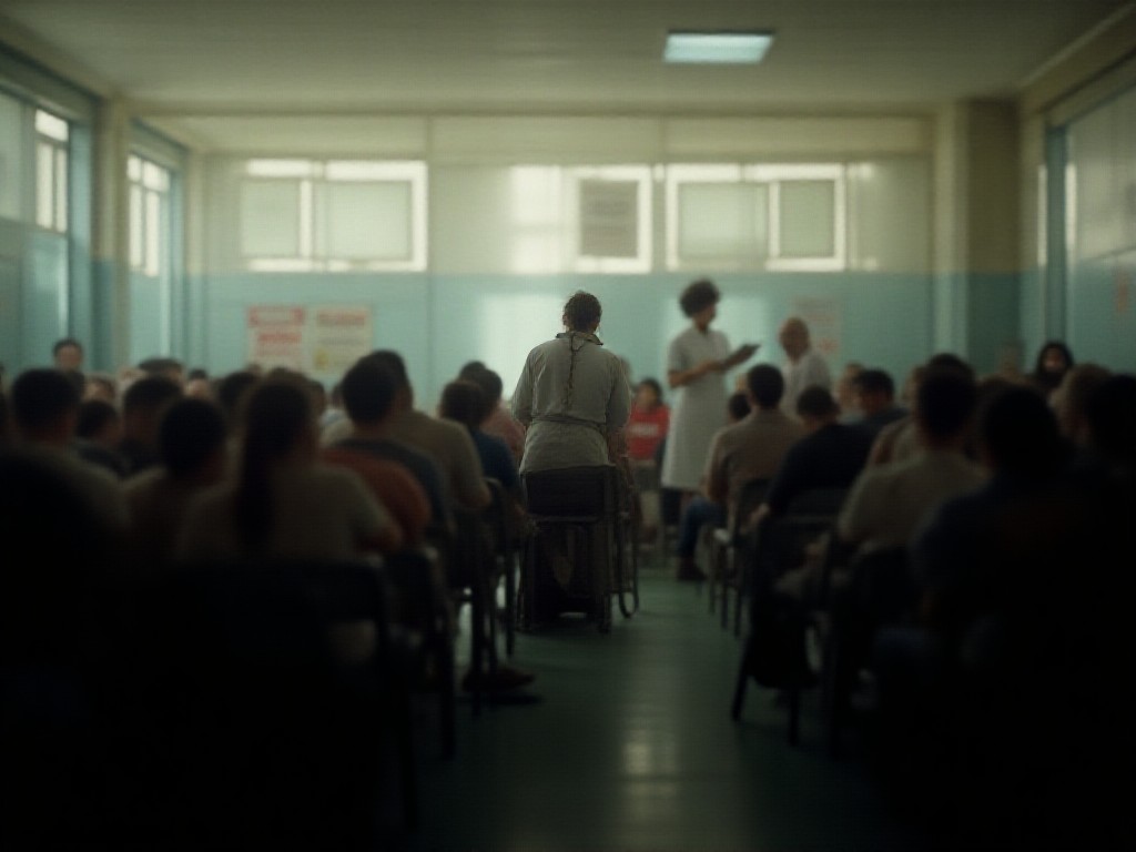 Sala de espera de un hospital público con pacientes y enfermera revisando una lista