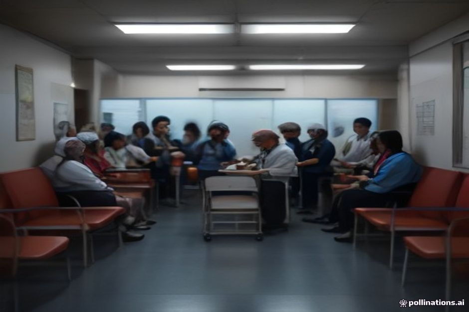 Sala de espera de un hospital público de Buenos Aires con pacientes y una enfermera revisando historiales
