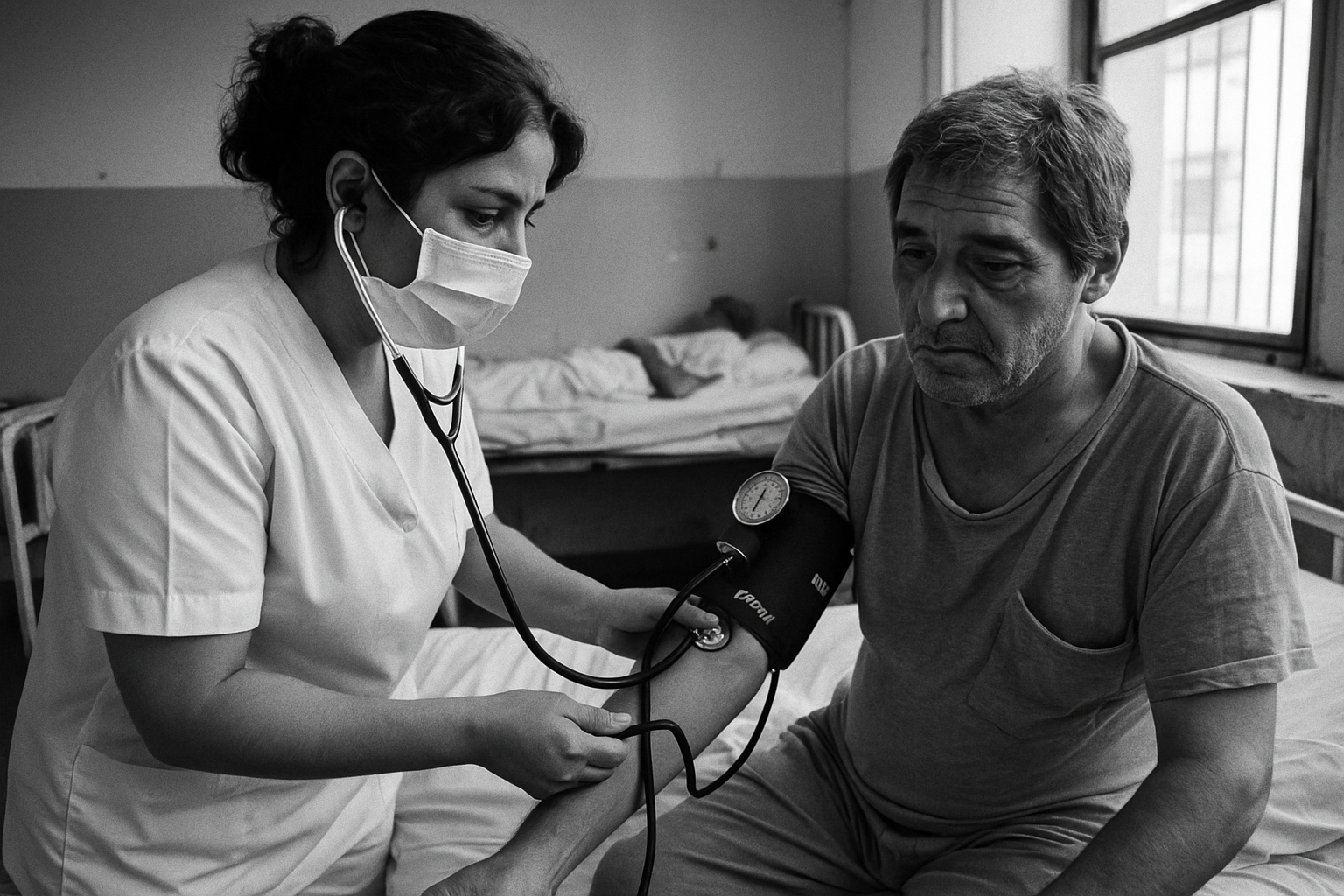 Una enfermera toma la presión arterial de un paciente en un hospital de Buenos Aires
