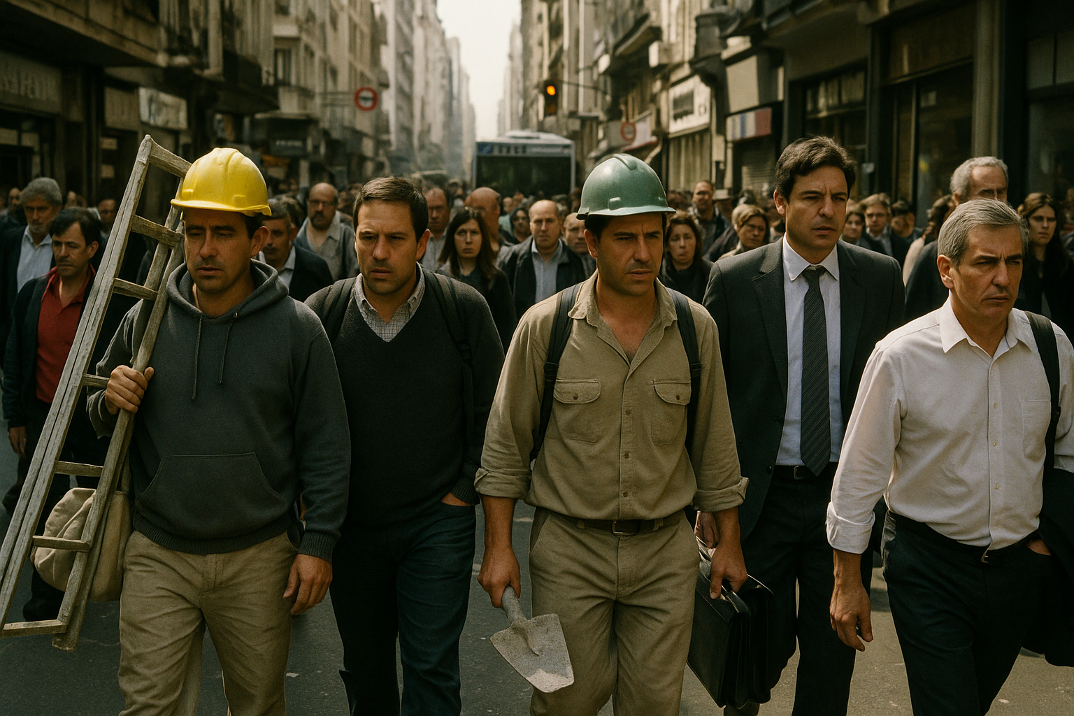 Trabajadores en una calle de Buenos Aires durante la hora pico transitando hacia sus empleos.