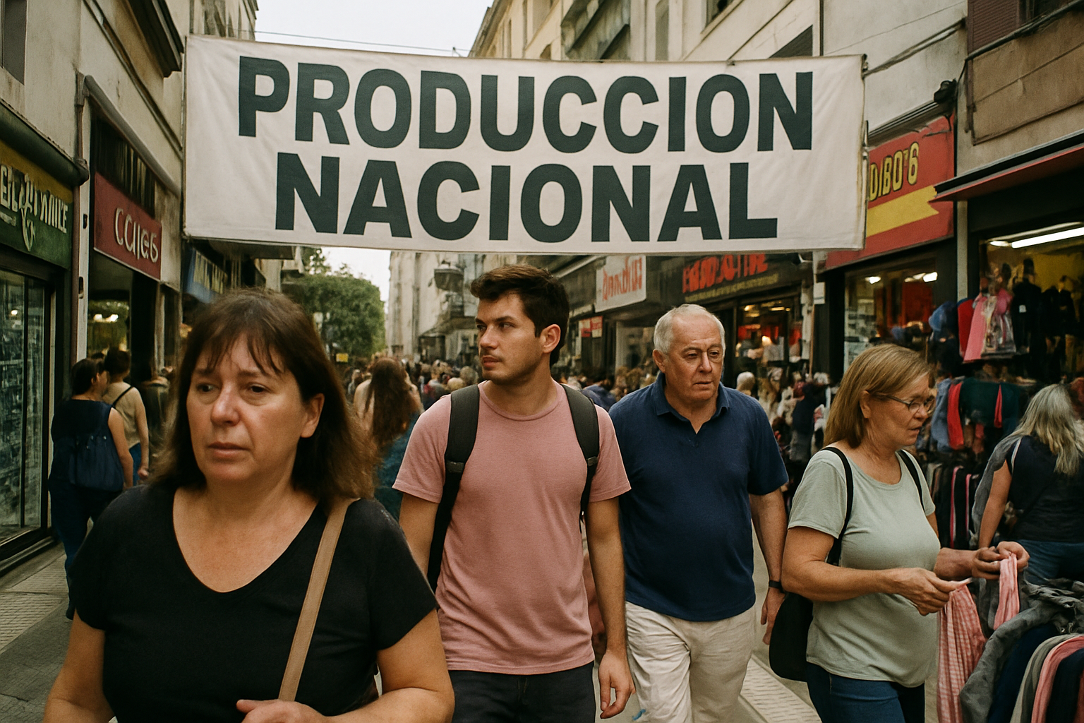 Personas caminando en una calle comercial con tiendas locales