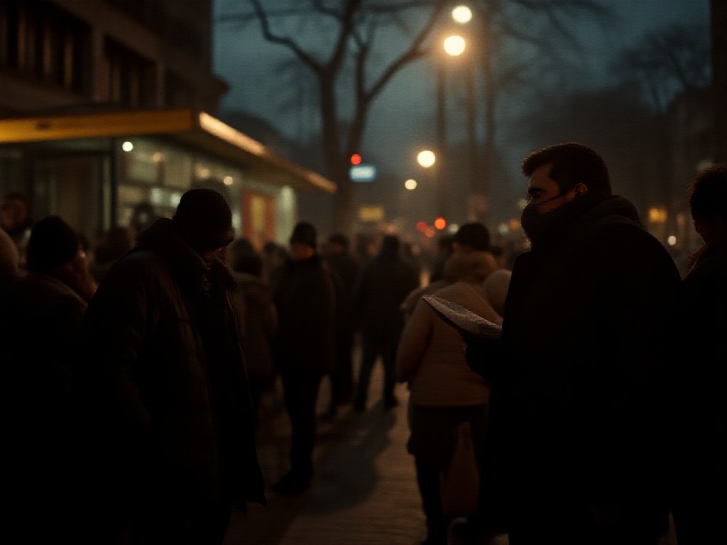 Trabajadores y vendedores esperando el colectivo en una parada de Buenos Aires al atardecer