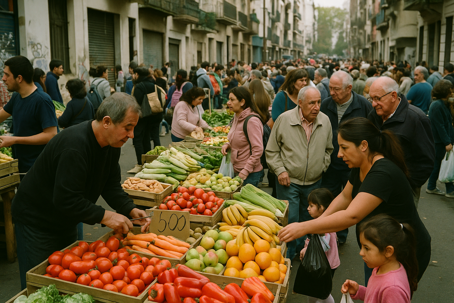 Vendedores informales en un mercado callejero de Buenos Aires ofreciendo frutas y verduras.