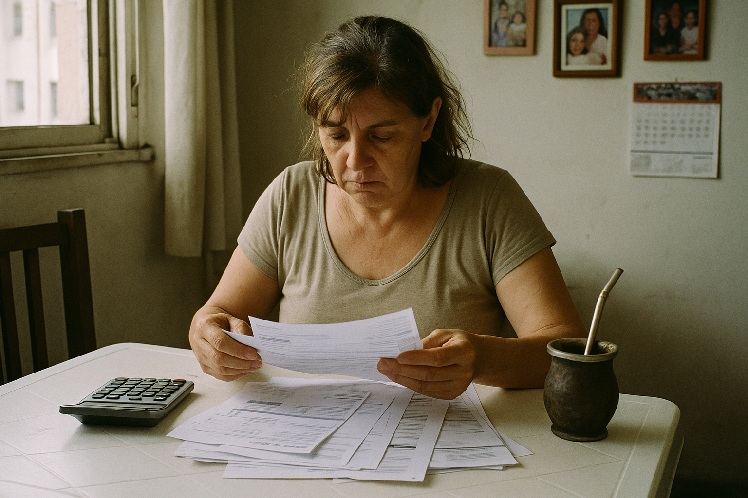 Mujer revisa boletas y resúmenes de tarjeta sobre mesa de cocina con calculadora y mate